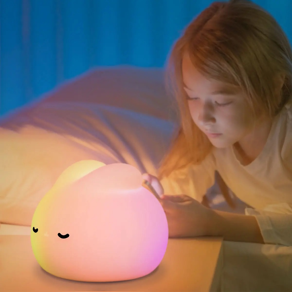 Close-up of Sleepy bunny night light's soft silicone material